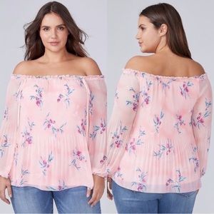 LANE BRYANT Floral Printed Pleated Off The Shoulder Boho Pink Top Size 2…